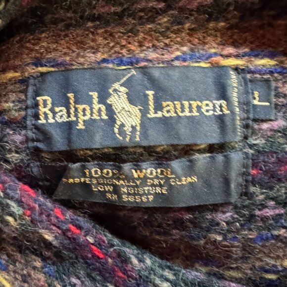 Ralph Lauren 80 Womens Fair Isle Wool Sweater L Maroon & Multi High Neck Button - Picture 7 of 16